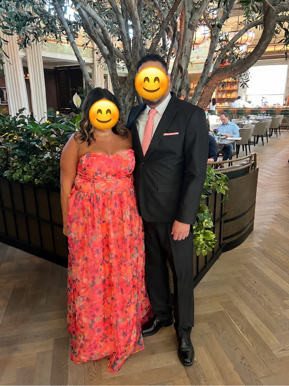 Lulu’s coral floral chiffon gown